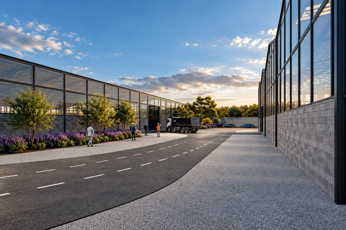 Access road at the warehouse complex entrance